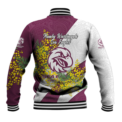 Manly Warringah Sea Eagles Baseball Jacket Golden Wattle Floral Polynesian - Australian Flower - Rugby Mascot