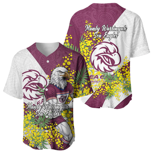 Manly Warringah Sea Eagles Baseball Jersey Golden Wattle Floral Polynesian - Australian Flower - Rugby Mascot