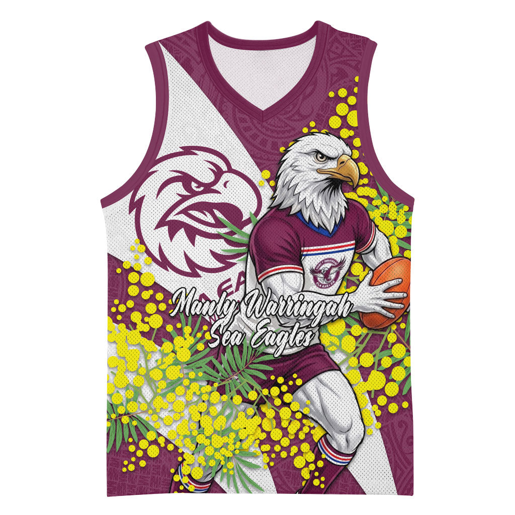 Manly Warringah Sea Eagles Basketball Jersey Golden Wattle Floral Polynesian - Australian Flower - Rugby Mascot