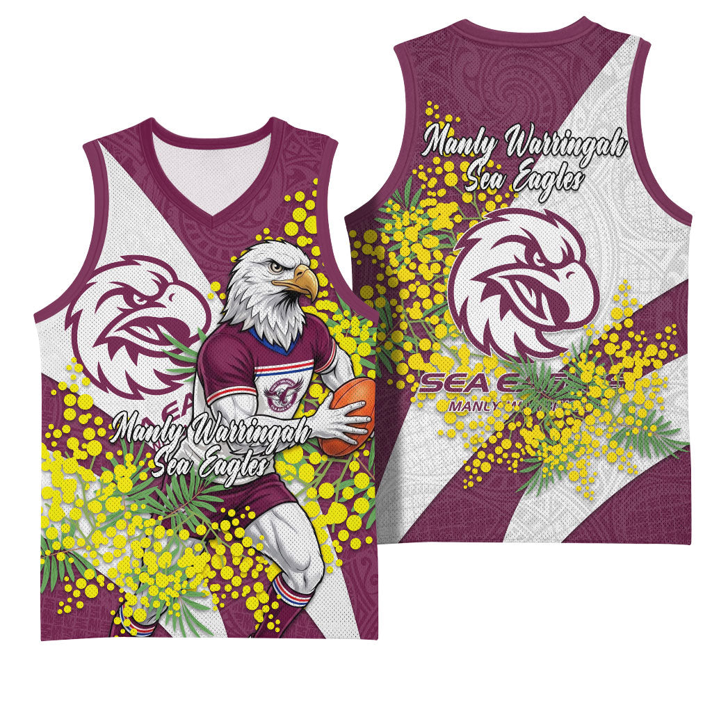 Manly Warringah Sea Eagles Basketball Jersey Golden Wattle Floral Polynesian - Australian Flower - Rugby Mascot