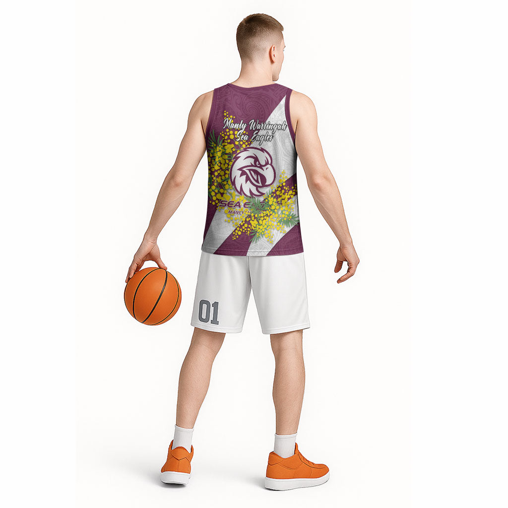 Manly Warringah Sea Eagles Basketball Jersey Golden Wattle Floral Polynesian - Australian Flower - Rugby Mascot