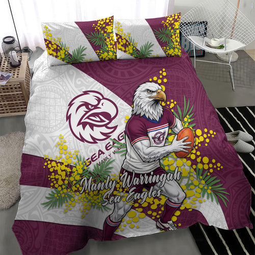 Manly Warringah Sea Eagles Bedding Set Golden Wattle Floral Polynesian - Australian Flower - Rugby Mascot