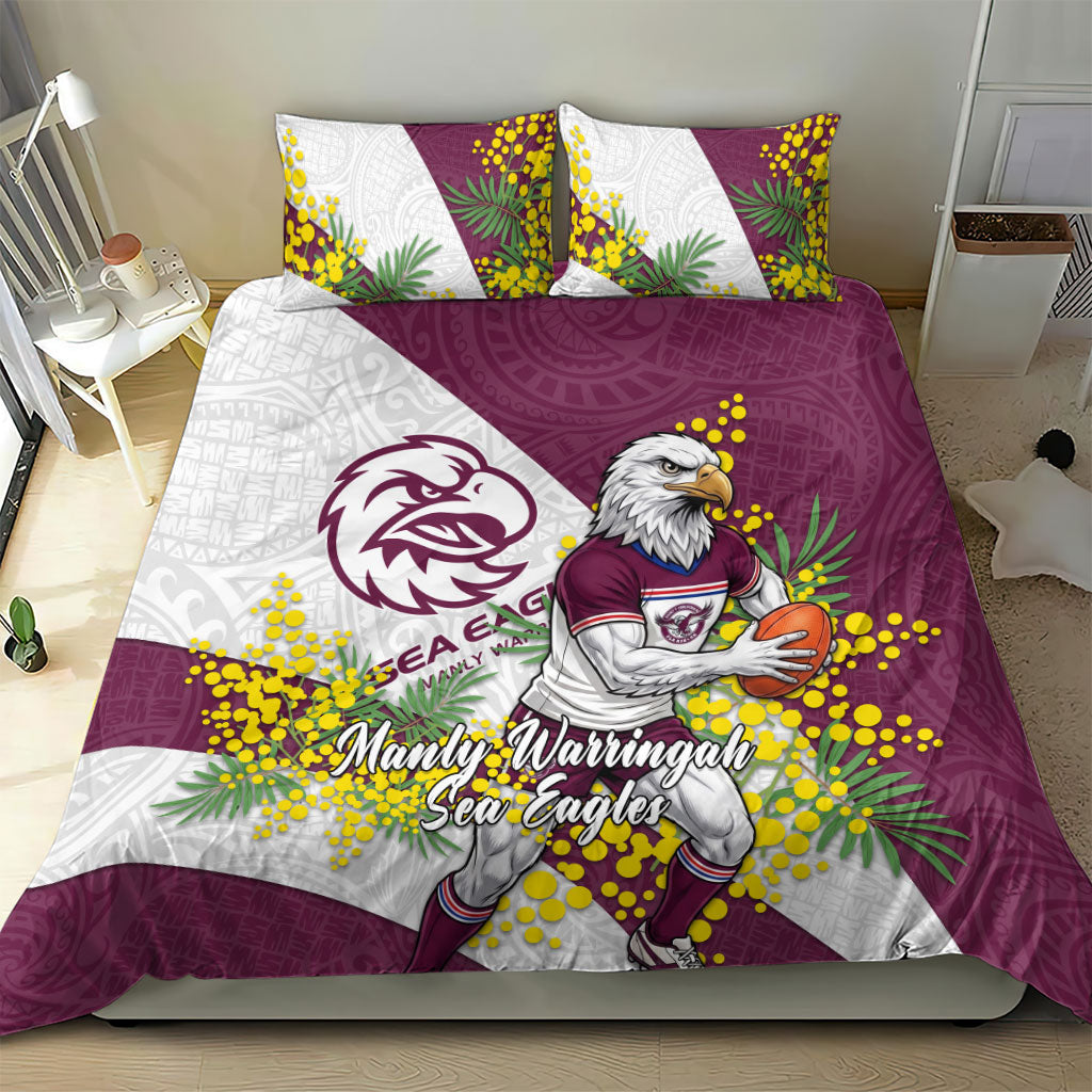 Manly Warringah Sea Eagles Bedding Set Golden Wattle Floral Polynesian - Australian Flower - Rugby Mascot