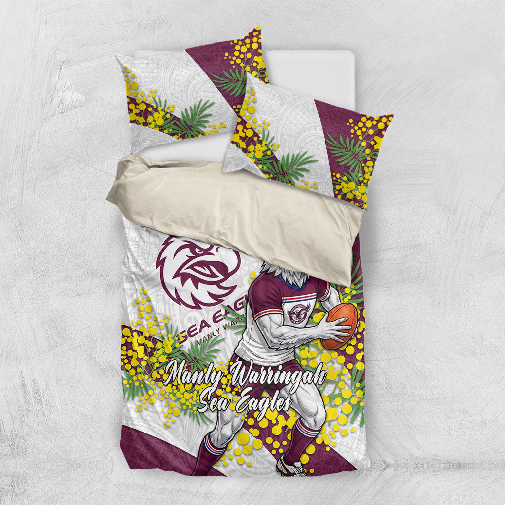 Manly Warringah Sea Eagles Bedding Set Golden Wattle Floral Polynesian - Australian Flower - Rugby Mascot