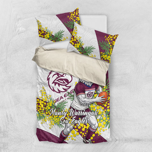 Manly Warringah Sea Eagles Bedding Set Golden Wattle Floral Polynesian - Australian Flower - Rugby Mascot