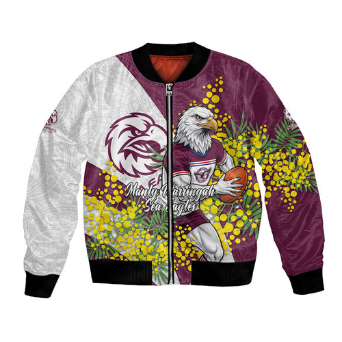 Manly Warringah Sea Eagles Bomber Jacket Golden Wattle Floral Polynesian - Australian Flower - Rugby Mascot