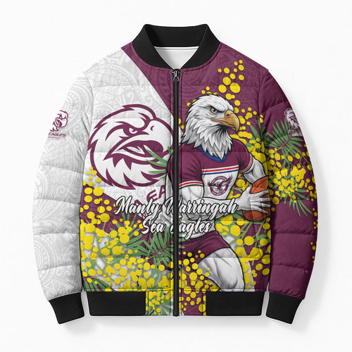 Manly Warringah Sea Eagles Bomber Puffer Jacket Golden Wattle Floral Polynesian - Australian Flower - Rugby Mascot
