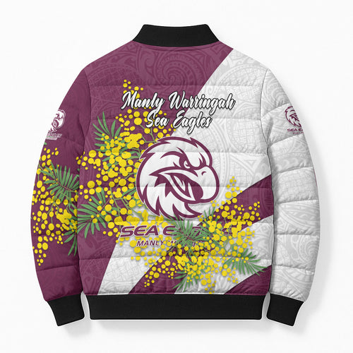Manly Warringah Sea Eagles Bomber Puffer Jacket Golden Wattle Floral Polynesian - Australian Flower - Rugby Mascot