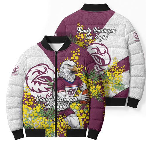 Manly Warringah Sea Eagles Bomber Puffer Jacket Golden Wattle Floral Polynesian - Australian Flower - Rugby Mascot
