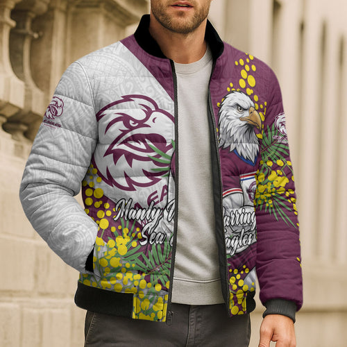 Manly Warringah Sea Eagles Bomber Puffer Jacket Golden Wattle Floral Polynesian - Australian Flower - Rugby Mascot