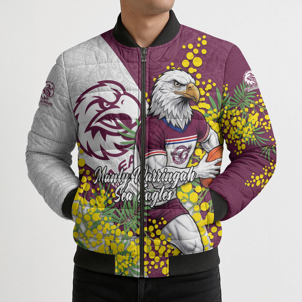 Manly Warringah Sea Eagles Bomber Puffer Jacket Golden Wattle Floral Polynesian - Australian Flower - Rugby Mascot