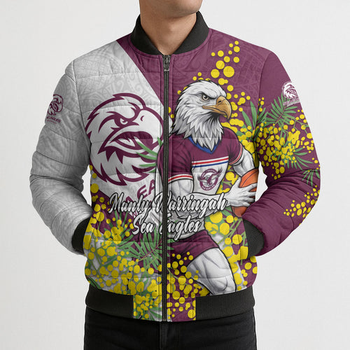 Manly Warringah Sea Eagles Bomber Puffer Jacket Golden Wattle Floral Polynesian - Australian Flower - Rugby Mascot