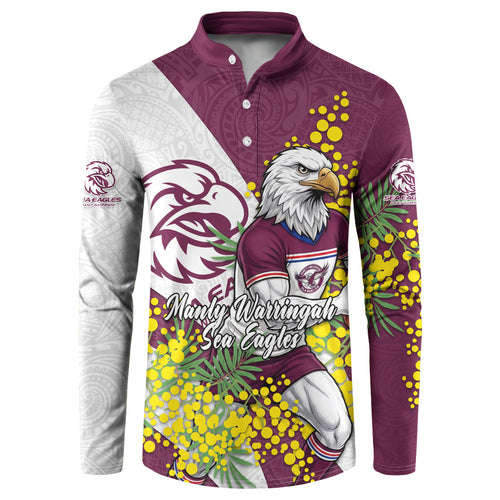 Manly Warringah Sea Eagles Button Sweatshirt Golden Wattle Floral Polynesian - Australian Flower - Rugby Mascot