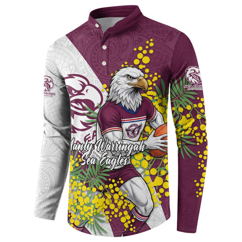 Manly Warringah Sea Eagles Button Sweatshirt Golden Wattle Floral Polynesian - Australian Flower - Rugby Mascot