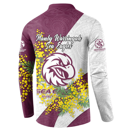 Manly Warringah Sea Eagles Button Sweatshirt Golden Wattle Floral Polynesian - Australian Flower - Rugby Mascot