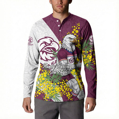 Manly Warringah Sea Eagles Button Sweatshirt Golden Wattle Floral Polynesian - Australian Flower - Rugby Mascot