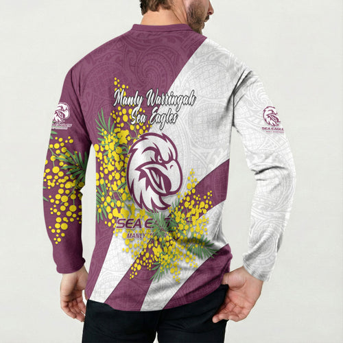 Manly Warringah Sea Eagles Button Sweatshirt Golden Wattle Floral Polynesian - Australian Flower - Rugby Mascot