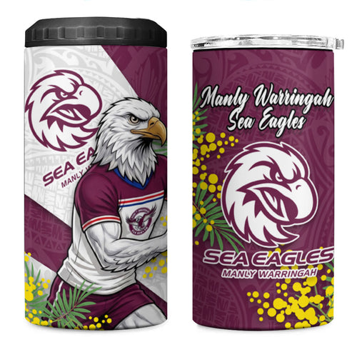 Manly Warringah Sea Eagles 4 in 1 Can Cooler Tumbler Golden Wattle Floral Polynesian - Australian Flower - Rugby Mascot