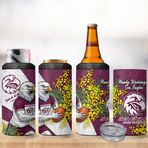 Manly Warringah Sea Eagles 4 in 1 Can Cooler Tumbler Golden Wattle Floral Polynesian - Australian Flower - Rugby Mascot