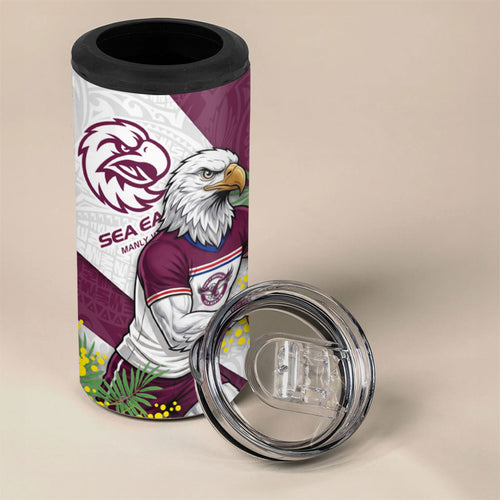 Manly Warringah Sea Eagles 4 in 1 Can Cooler Tumbler Golden Wattle Floral Polynesian - Australian Flower - Rugby Mascot