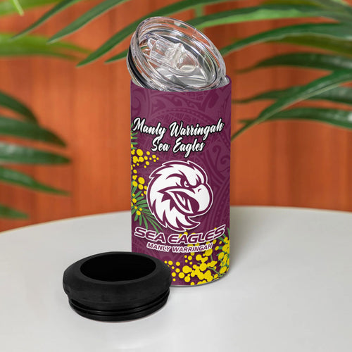 Manly Warringah Sea Eagles 4 in 1 Can Cooler Tumbler Golden Wattle Floral Polynesian - Australian Flower - Rugby Mascot
