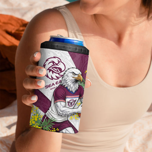 Manly Warringah Sea Eagles 4 in 1 Can Cooler Tumbler Golden Wattle Floral Polynesian - Australian Flower - Rugby Mascot
