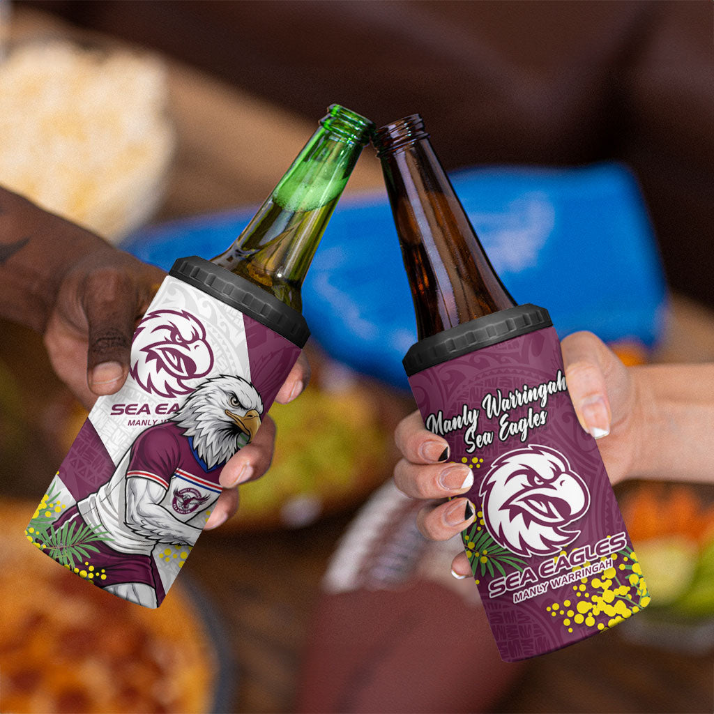 Manly Warringah Sea Eagles 4 in 1 Can Cooler Tumbler Golden Wattle Floral Polynesian - Australian Flower - Rugby Mascot