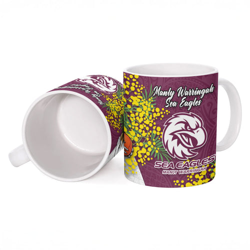 Manly Warringah Sea Eagles Ceramic Mug Golden Wattle Floral Polynesian - Australian Flower - Rugby Mascot