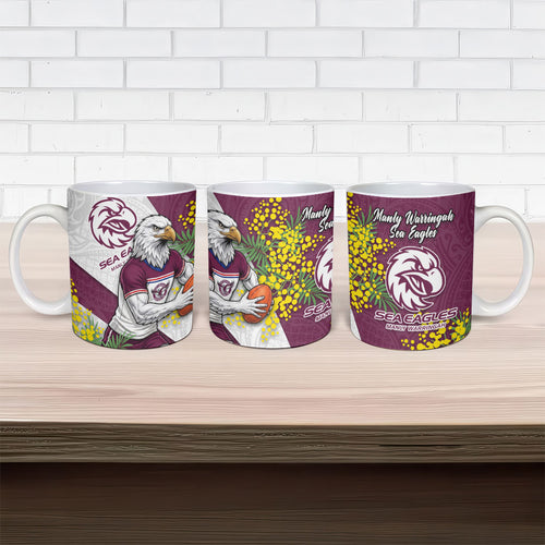 Manly Warringah Sea Eagles Ceramic Mug Golden Wattle Floral Polynesian - Australian Flower - Rugby Mascot