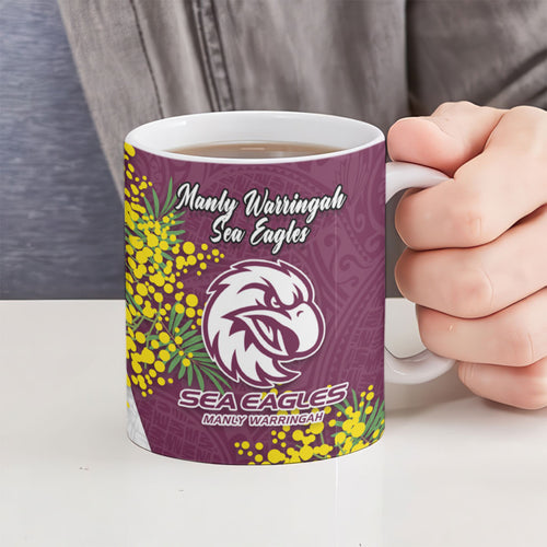 Manly Warringah Sea Eagles Ceramic Mug Golden Wattle Floral Polynesian - Australian Flower - Rugby Mascot