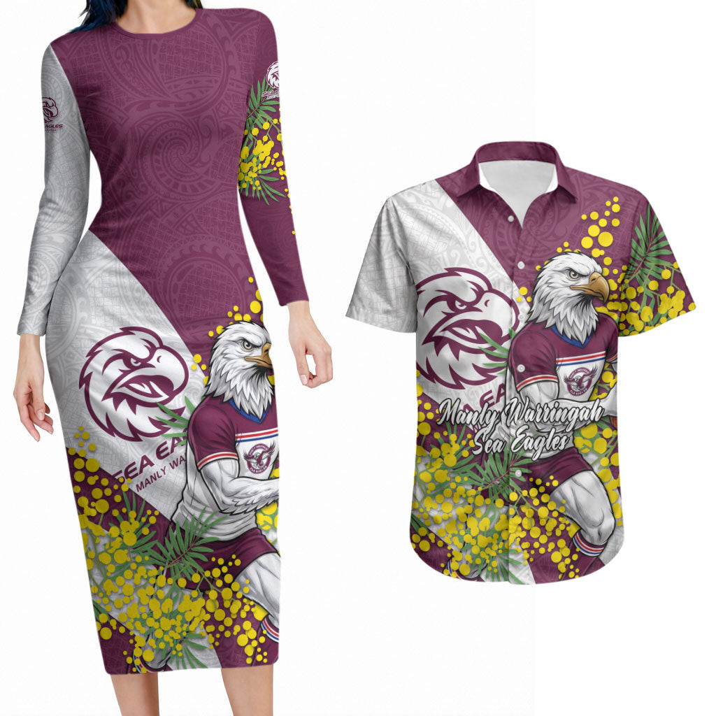 Manly Warringah Sea Eagles Couples Matching Long Sleeve Bodycon Dress and Hawaiian Shirt Golden Wattle Floral Polynesian - Australian Flower - Rugby Mascot