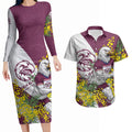 Manly Warringah Sea Eagles Couples Matching Long Sleeve Bodycon Dress and Hawaiian Shirt Golden Wattle Floral Polynesian - Australian Flower - Rugby Mascot