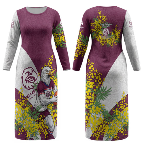 Manly Warringah Sea Eagles Couples Matching Long Sleeve Bodycon Dress and Hawaiian Shirt Golden Wattle Floral Polynesian - Australian Flower - Rugby Mascot