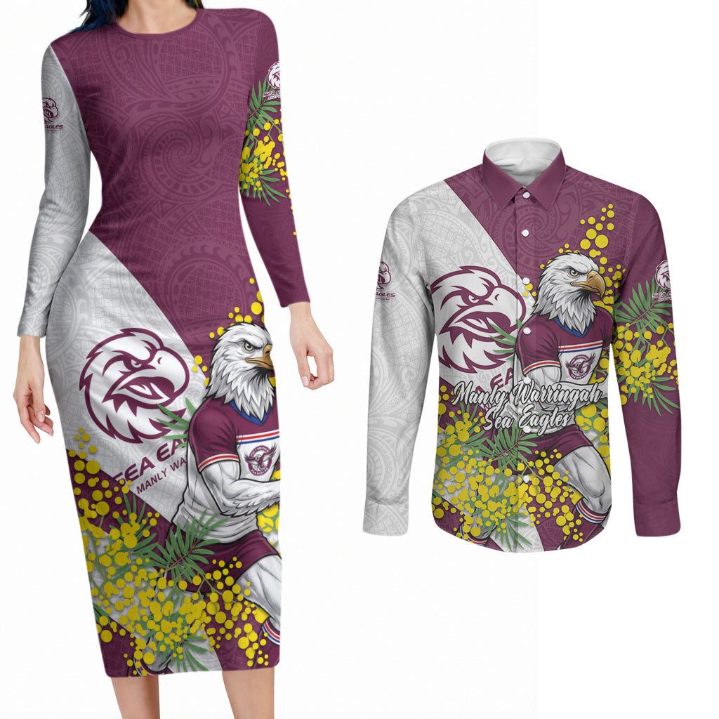 Manly Warringah Sea Eagles Couples Matching Long Sleeve Bodycon Dress and Long Sleeve Button Shirt Golden Wattle Floral Polynesian - Australian Flower - Rugby Mascot