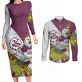 Manly Warringah Sea Eagles Couples Matching Long Sleeve Bodycon Dress and Long Sleeve Button Shirt Golden Wattle Floral Polynesian - Australian Flower - Rugby Mascot