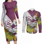 Manly Warringah Sea Eagles Couples Matching Long Sleeve Bodycon Dress and Long Sleeve Button Shirt Golden Wattle Floral Polynesian - Australian Flower - Rugby Mascot