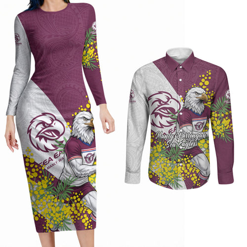 Manly Warringah Sea Eagles Couples Matching Long Sleeve Bodycon Dress and Long Sleeve Button Shirt Golden Wattle Floral Polynesian - Australian Flower - Rugby Mascot