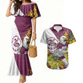 Manly Warringah Sea Eagles Couples Matching Mermaid Dress and Hawaiian Shirt Golden Wattle Floral Polynesian - Australian Flower - Rugby Mascot