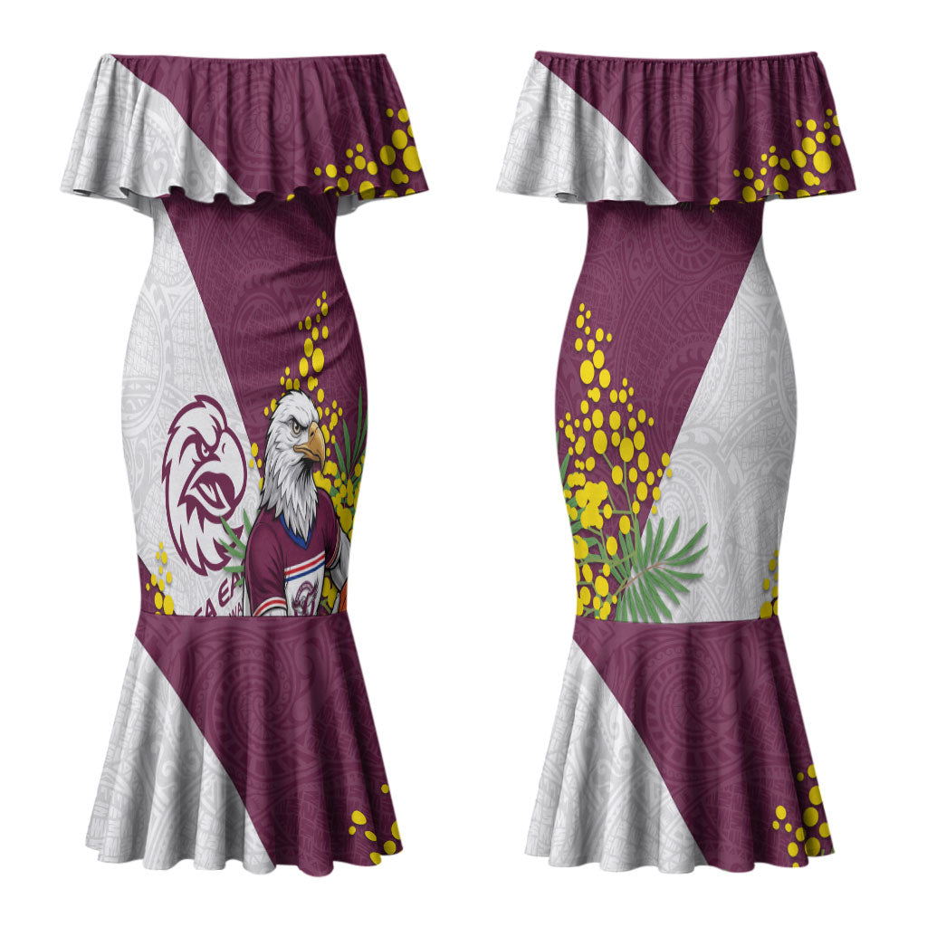 Manly Warringah Sea Eagles Couples Matching Mermaid Dress and Hawaiian Shirt Golden Wattle Floral Polynesian - Australian Flower - Rugby Mascot