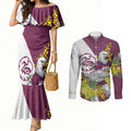 Manly Warringah Sea Eagles Couples Matching Mermaid Dress and Long Sleeve Button Shirt Golden Wattle Floral Polynesian - Australian Flower - Rugby Mascot