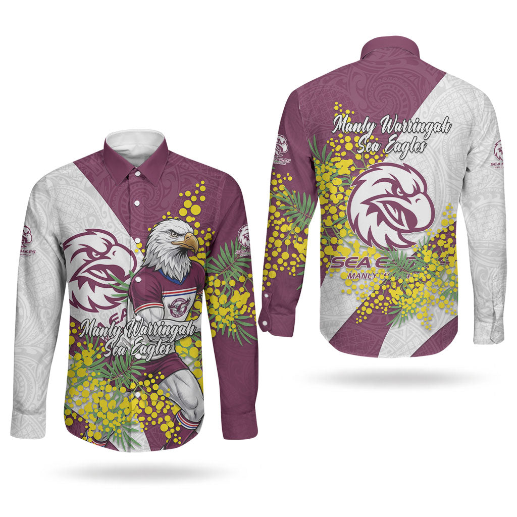 Manly Warringah Sea Eagles Couples Matching Mermaid Dress and Long Sleeve Button Shirt Golden Wattle Floral Polynesian - Australian Flower - Rugby Mascot