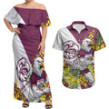 Manly Warringah Sea Eagles Couples Matching Off Shoulder Maxi Dress and Hawaiian Shirt Golden Wattle Floral Polynesian - Australian Flower - Rugby Mascot