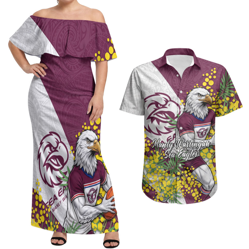 Manly Warringah Sea Eagles Couples Matching Off Shoulder Maxi Dress and Hawaiian Shirt Golden Wattle Floral Polynesian - Australian Flower - Rugby Mascot
