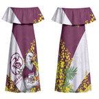 Manly Warringah Sea Eagles Couples Matching Off Shoulder Maxi Dress and Hawaiian Shirt Golden Wattle Floral Polynesian - Australian Flower - Rugby Mascot