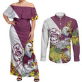 Manly Warringah Sea Eagles Couples Matching Off Shoulder Maxi Dress and Long Sleeve Button Shirt Golden Wattle Floral Polynesian - Australian Flower - Rugby Mascot