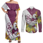 Manly Warringah Sea Eagles Couples Matching Off Shoulder Maxi Dress and Long Sleeve Button Shirt Golden Wattle Floral Polynesian - Australian Flower - Rugby Mascot