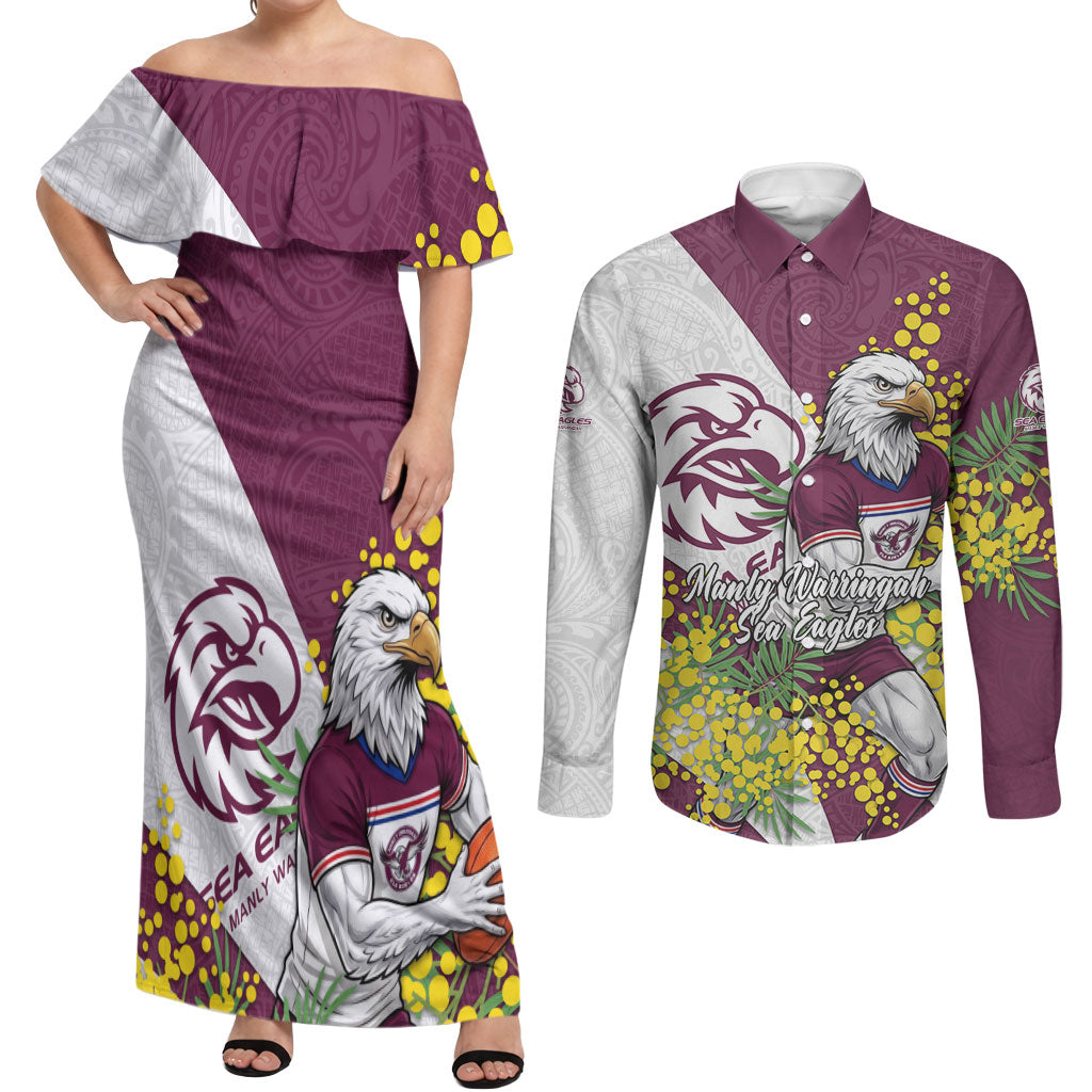 Manly Warringah Sea Eagles Couples Matching Off Shoulder Maxi Dress and Long Sleeve Button Shirt Golden Wattle Floral Polynesian - Australian Flower - Rugby Mascot