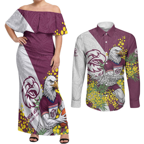 Manly Warringah Sea Eagles Couples Matching Off Shoulder Maxi Dress and Long Sleeve Button Shirt Golden Wattle Floral Polynesian - Australian Flower - Rugby Mascot