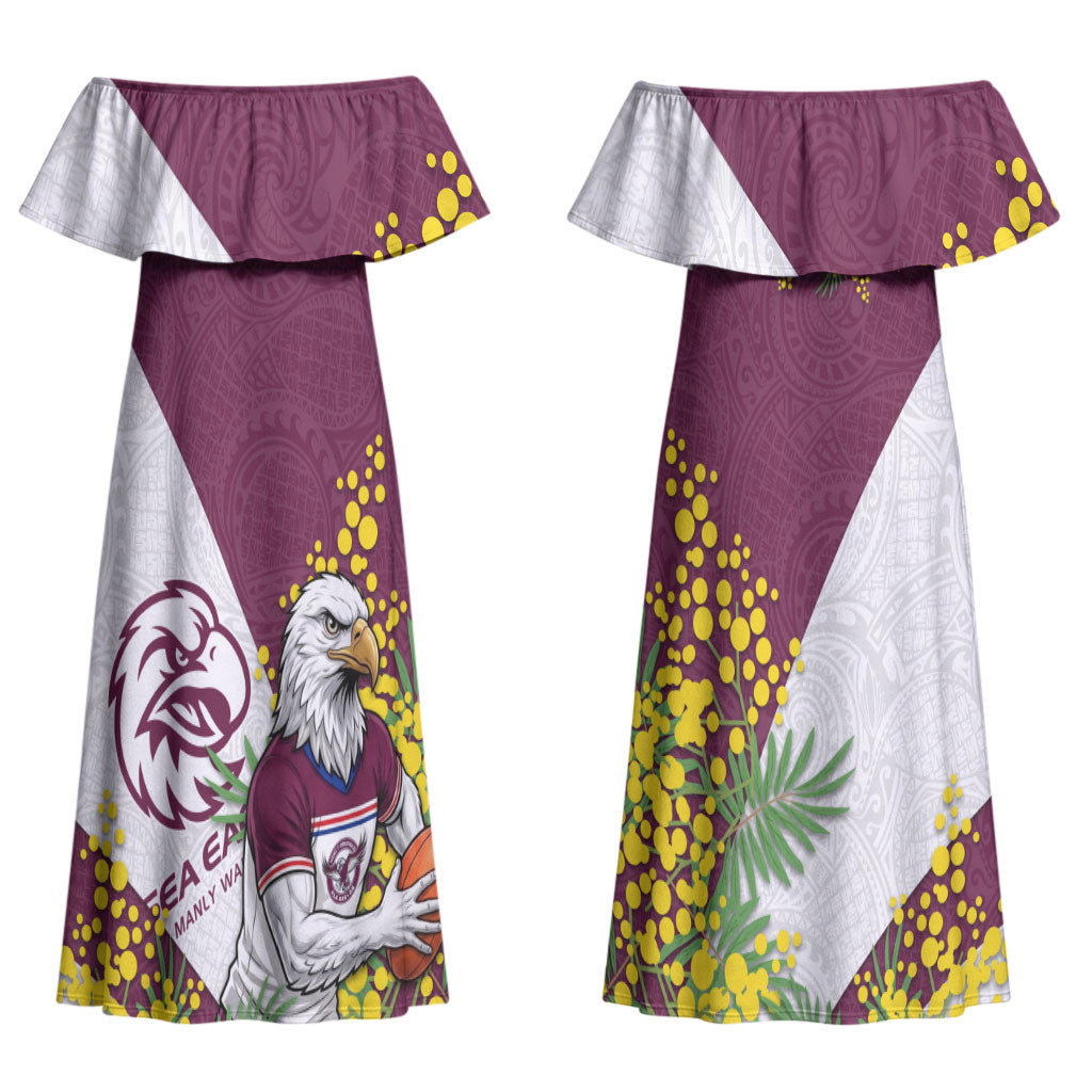 Manly Warringah Sea Eagles Couples Matching Off Shoulder Maxi Dress and Long Sleeve Button Shirt Golden Wattle Floral Polynesian - Australian Flower - Rugby Mascot