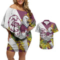 Manly Warringah Sea Eagles Couples Matching Off Shoulder Short Dress and Hawaiian Shirt Golden Wattle Floral Polynesian - Australian Flower - Rugby Mascot